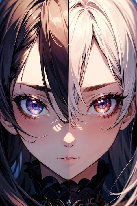 Masterpiece, anime still, intricate details, uhd, 4k, hdr, EyeDetail, (1girl, 1boy,) split image, duality, ((face close up))