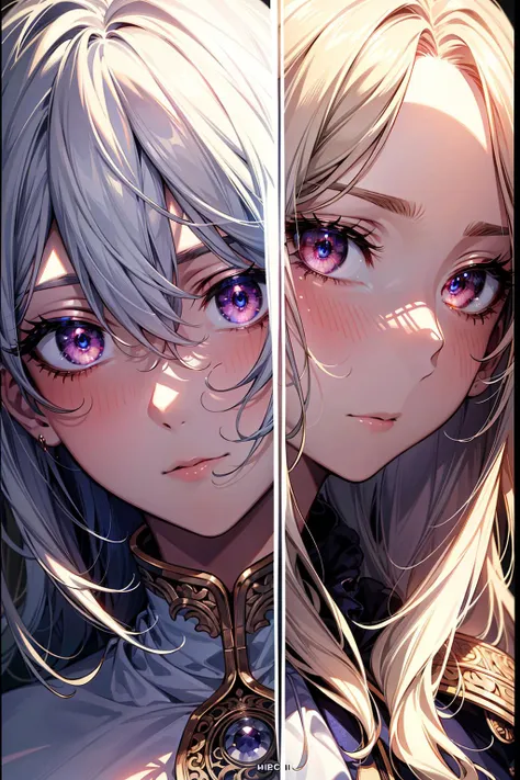 Masterpiece, anime still, intricate details, uhd, 4k, hdr, EyeDetail, (1girl, 1boy,) split image, duality, ((face close up))
