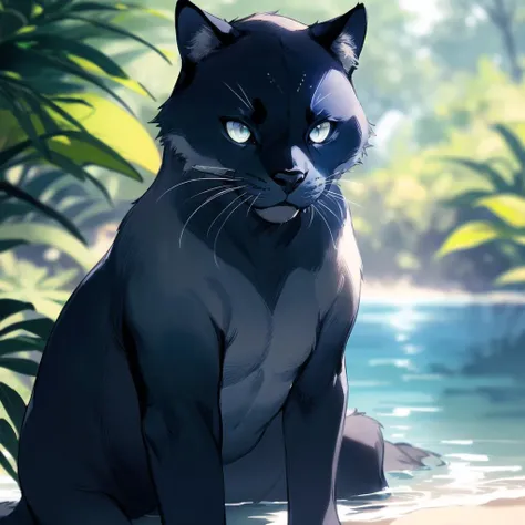 depth of field, bokeh, detailed realistic background, diffused natural light, diffused natural skin glow, fantasy, water, shore, best quality, hires, (blue black:1.4) panther, (no humans:1.6), cute, fluffy,( grey eyes:1.2)