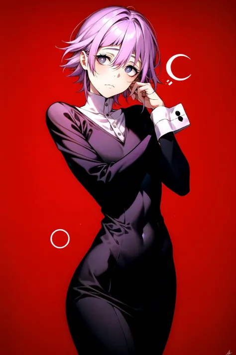 absurdres, best quality, androgynous, solo, looking at viewer, <lyco:GoodHands-beta2:1.0>, <lora:crona:0.5>, Crona, (nervous:1), (scared:0.75), (hand on own arm:0.5), cuff links, hair between eyes, black dress, purple hair, blunt bangs, closed mouth, hair flaps, long sleeves, solid circle pupils, black eyes,