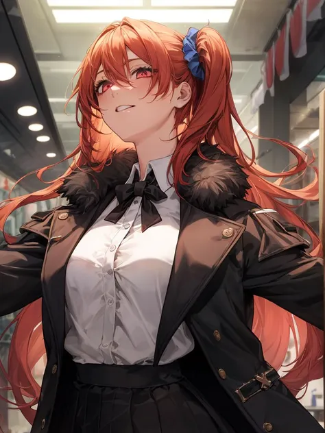 (unparalleled masterpiece, masterpiece:1.3), best quality, high quality, absurdres, game cg, 2girl, orange hair, red hair, red eyes, pink eyes, long hair, hair between eyes, scrunchie, very long hair, blue scrunchie, hair scrunchie, one side up, dress shirt, high-waist skirt, fur-trimmed coat, black coat, market stall,backlight, photographic lighting,