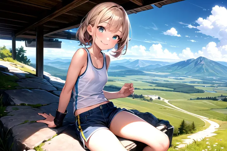 best quality, hires, professional lighting, depth of field, detailed background, young girl, hiking, bangs, minishort, tank top, flat tits:1.2, boots, smiling, mountain, mountain trail, partly cloudy,