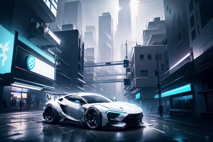 <lora:Playstation5AI:.8> Playstation5AI sport car in cyberpunk street city at night neons rain fog