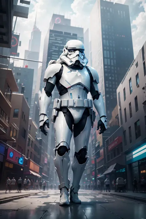 <lora:Playstation5AI:.7> Playstation5AI a storm trooper in city