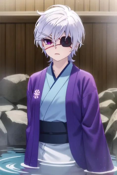 oboroshintou, <lora:oboro shintou s1-lora-nochekaiser:1>,
oboro shintou, (purple eyes:1.1), white hair, (eyepatch:1.5),
BREAK japanese clothes, kimono, blue kimono, haori,
BREAK outdoors, hot spring, onsen,
BREAK looking at viewer, (cowboy shot:1.5),
BREAK <lyco:GoodHands-beta2:1>, (masterpiece:1.2), best quality, high resolution, unity 8k wallpaper, (illustration:0.8), (beautiful detailed eyes:1.6), extremely detailed face, perfect lighting, extremely detailed CG, (perfect hands, perfect anatomy),