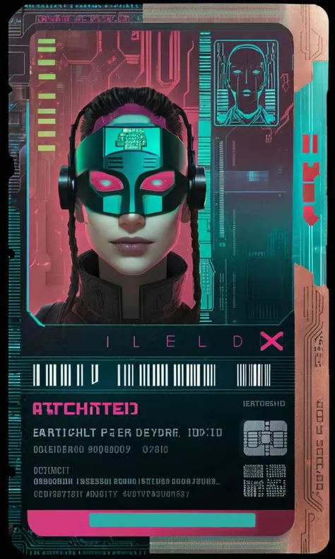 a scan of an ID , Altichiero, detailed product photo, a character portrait a woman with a mask on her head, new objectivity , cyberpunk style , <lora:Cyber_ID_sdxl:1.0>