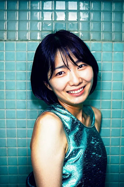 best quality and best aesthetic,a photo of a japanese woman named sumire kuramoto, wet, wet hair,wet, face, solo, eyes, open mouth, teeth, short hair,  looking at viewer and facing viewer, indoors,wearing a dress,grin
<lora:sumire kuramoto_V1:0.9>,flash photography,<lora:flash photography photoV3:0.4>
bathroom background,tile wall, film grain,cinematic,<lyco:film grainV3:0.4>,