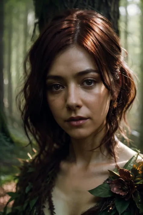 A stunning intricate full color up close portrait of ahn, dressed as a wood fairy, epic glow around her, very short blodne hair, epic character composition, by ilya kuvshinov, alessio albi, nina masic, sharp focus, natural lighting, subsurface scattering, f2, 35mm <lora:AlysonHannigan-RealVision-V1.0:1>