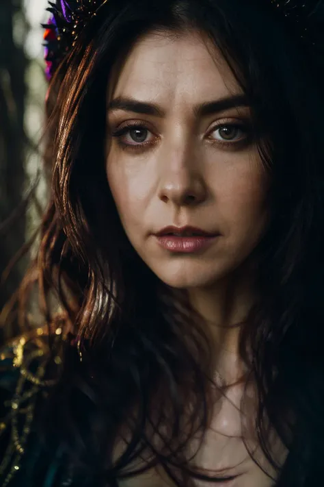 A stunning intricate full color up close portrait of ahn, dressed as an evil witch, long dark hair, epic character composition, by ilya kuvshinov, alessio albi, nina masic, sharp focus, natural lighting, subsurface scattering, f2, 35mm <lora:AlysonHannigan-RealVision-V1.0:1>