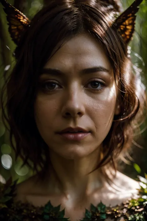 A stunning intricate full color portrait of ahn, dressed as a wood fairy, epic glow around her, very short blodne hair, epic character composition, by ilya kuvshinov, alessio albi, nina masic, sharp focus, natural lighting, subsurface scattering, f2, 35mm <lora:AlysonHannigan-RealVision-V1.0:1>