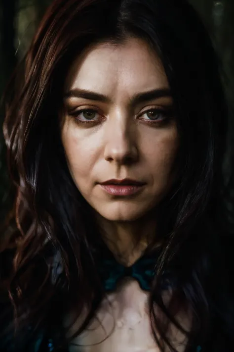 A stunning intricate full color up close portrait of ahn, dressed as an evil witch, long dark hair, epic character composition, by ilya kuvshinov, alessio albi, nina masic, sharp focus, natural lighting, subsurface scattering, f2, 35mm  <lora:AlysonHannigan-RealVision-V1.0:1>