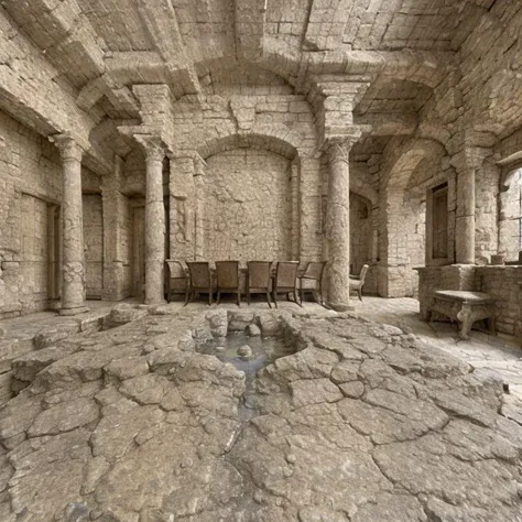 classical roman spa interior view, furniture, sandstone old natural treebark asphalt, still life <lora:entropy-alpha:0.45>
