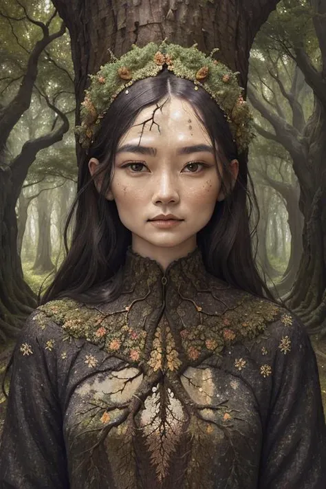 woman in a mythical forest, masterpiece, perfect face, intricate details, horror theme <lora:entropy-alpha:0.2> sandstone, sandstone old, asphalt, treebark, sandstone natural, tree liches, cracked, cracking,