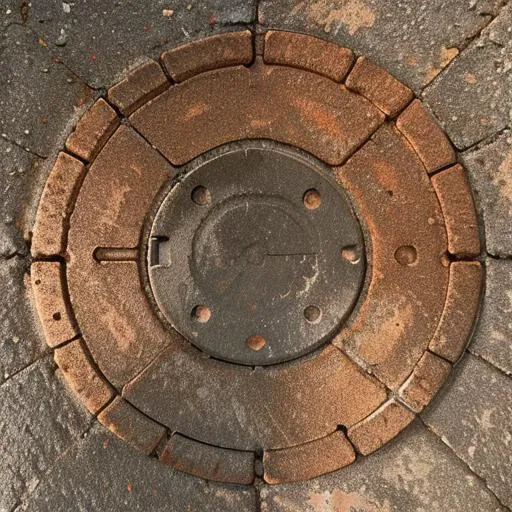(rusty manhole:1.3), paving stone, sandstone old natural treebark asphalt, still life <lora:entropy-alpha:0.25>