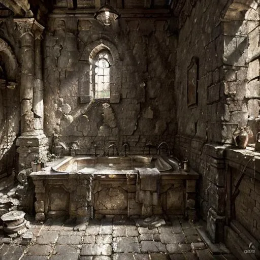 classical roman spa interior view, furniture, sandstone old natural treebark asphalt, still life <lora:entropy-alpha:0.45>, oil painting, medieval style, (gloomy:1.4), gloomy background, god rays, (high detailed skin:1.2), 8k uhd, high quality, by Greg Rutkowski