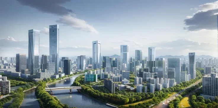 Architecture, city, sunshine, day, urban landscape, skyscrapers, scenery, white clouds, buildings, bridges, sky, city lights, blue sky, east_ Asia_ Architecture, mountains, rivers, pagodas, outdoor, trees, tokyo_\ (City )<lora:20_a:0.2>