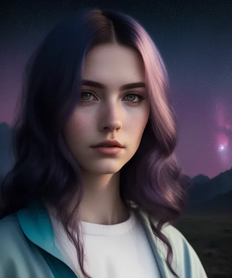 (dark dim dramatic atmosphere)+ 8k portrait aurora, girl with super long hair, hair dissolving into bright stars, in drip modern clothing, intricate, highly detailed, digital painting, smooth, sharp focus, illustration, unreal engine 5, 8 k, art by artgerm and greg rutkowski and alphonse mucha hassanfantasy style <lora:epiNoiseoffset_v2:1.2>