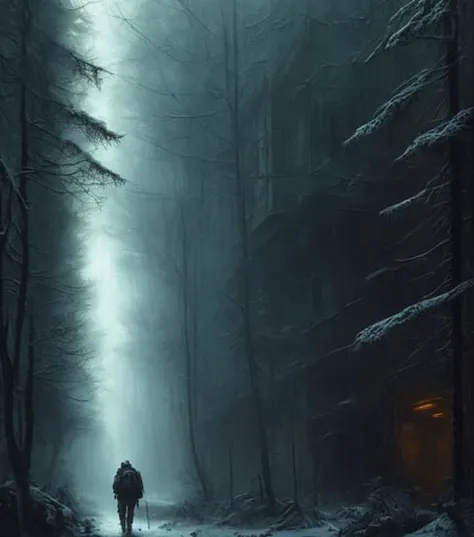 (masterpiece) high detailed RAW, a post apocalyptic man with a backpack is walking through a dark alley way in a forest with tall buildings and trees , hassanfantasy style , by Jeremy Mann and Donato Giancola ultra realistic highly detailed intricate photorealistic <lora:epiNoiseoffset_v2:1.2>