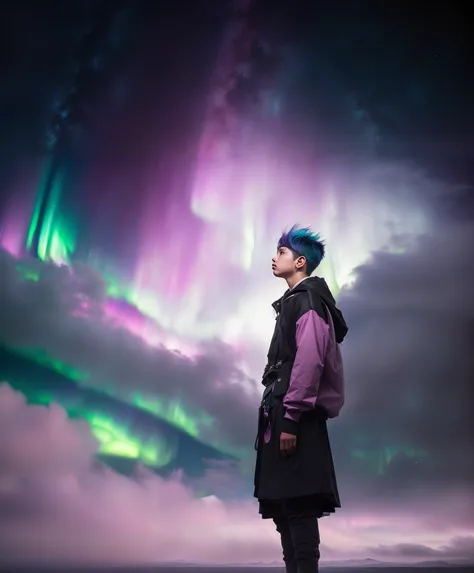 (dark dim dramatic atmosphere)+ 8k portrait aurora, (boy with grey and pink hair:1.3), dissolving into bright stars, in drip modern clothing, intricate, highly detailed, digital painting, smooth, sharp focus, illustration, unreal engine 5, 8 k, art by artgerm and greg rutkowski and alphonse mucha hassanfantasy style <lora:epiNoiseoffset_v2:1.2>