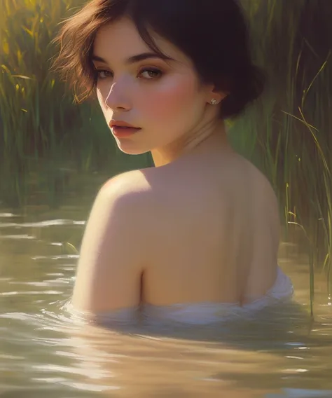 close up portrait of a cute woman bathing in a river, reeds, (backlighting), realistic, masterpiece, highest quality, lens flare, shade, bloom, [[chromatic aberration]], by Jeremy Lipking, by Antonio J. Manzanedo, digital painting, nude ,middle breast hassanfantasy style <lora:epiNoiseoffset_v2:1.2>