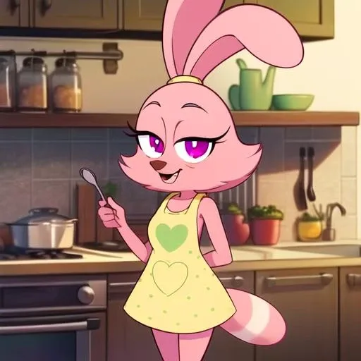 (8k) (high res) (best quality) (masterpiece) furry female, pink fur, pink eyes, rabbit ears, raccoon tail, fangs, kitchen, cooking, yellow dress, heart,