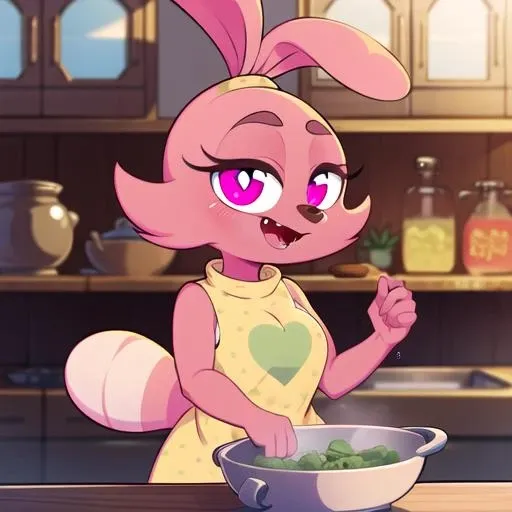 (8k) (high res) (best quality) (masterpiece) furry female, pink fur, pink eyes, rabbit ears, raccoon tail, fangs, kitchen, cooking, yellow dress, heart, heart-shaped pupils, cute