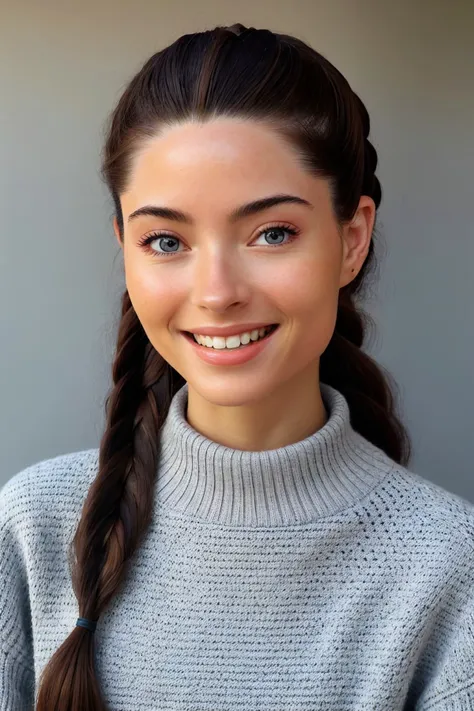 hyperrealistic rendition, ultra detailed, realistic, high definition, half-body photo of <lora:sd15_ReneeMurden_v1:.9> ReneeMurden, focus on smiling face, wearing a thin sweater , her hair is styled as diagonal braid,