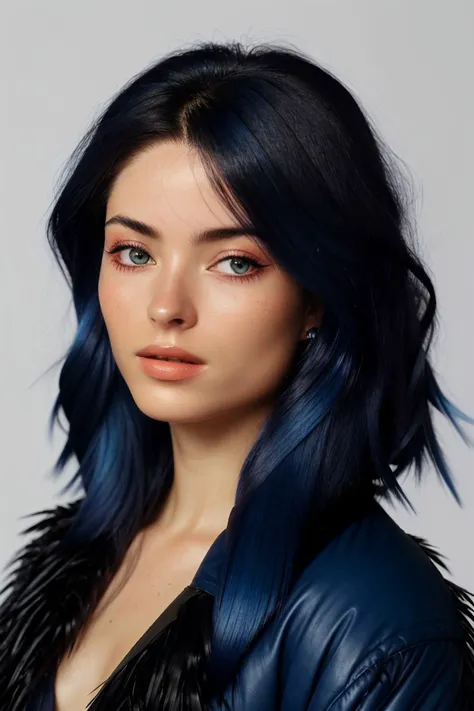 headshot photo of <lora:sd15_ReneeMurden_v1:.9> ReneeMurden, focus on face, wearing a feather jacket , her midnight blue color hair is styled as wispy layers,