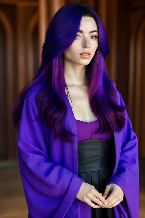 upper-body photo of <lora:sd15_ReneeMurden_v1:.9> ReneeMurden, focus on face, wearing a mage robe , her ultra violet color hair is styled as long shag hair,