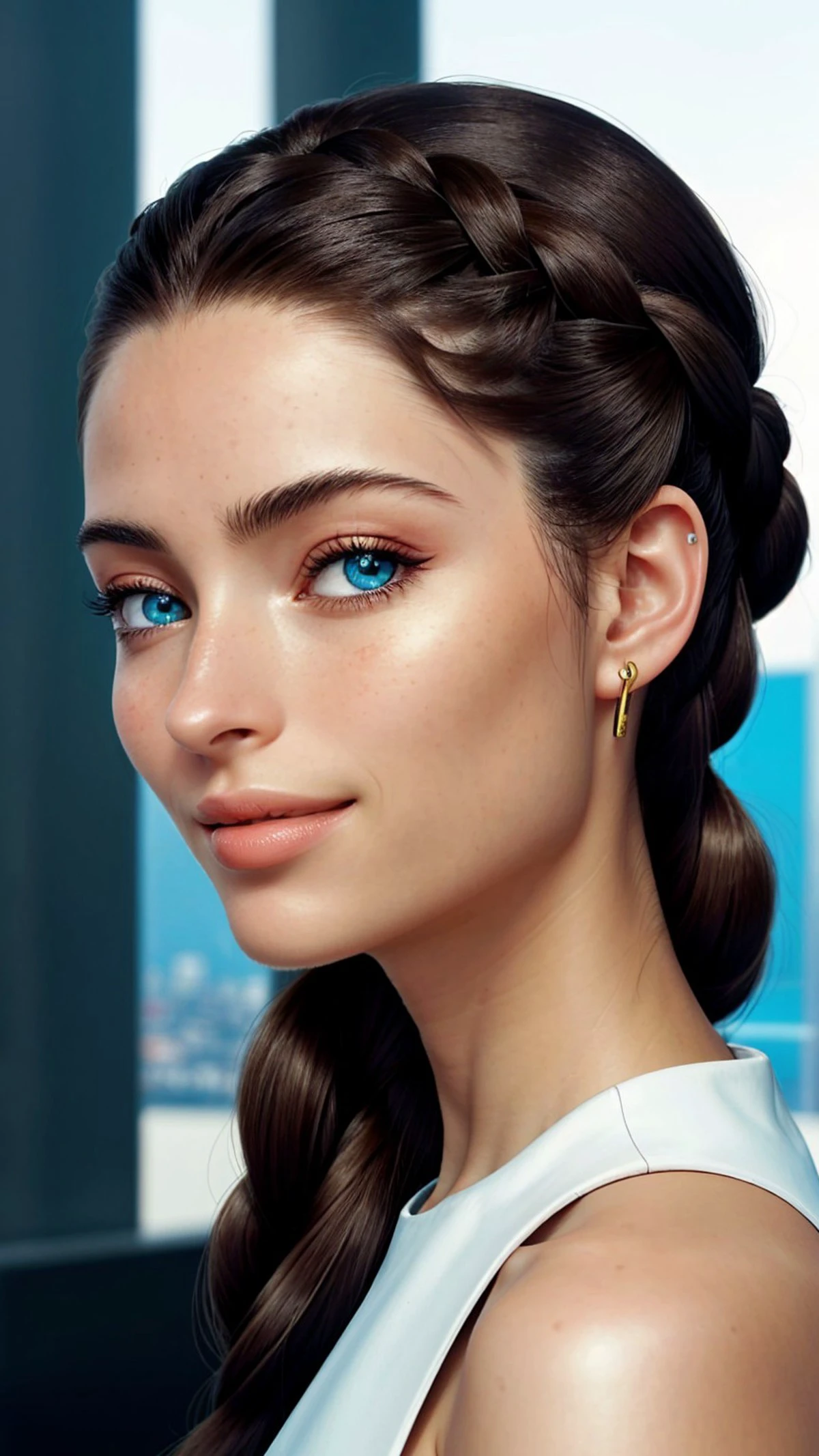 (futuristic design, clean lines, high-tech, detailed:1.15), <lora:sd15_ReneeMurden_v1:.9> ReneeMurden, focus on eyes, close up on face, smile, wearing jewelry, hair styled braided hair, vignette