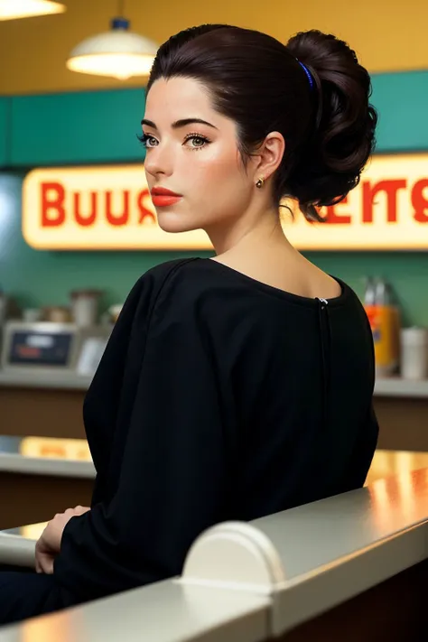 (shot from a Dutch angle, headshot:1.2) photo of <lora:sd15_ReneeMurden_v1:.9> ReneeMurden, from behind,4:: she is wearing sarashi, her hair is styled as bouffant ponytail, BREAK she is (sitting at a 50s diner:1.1), silhouetted against the light, Ektar 100 ,shot on Lumix GH5, dynamic range,cinematic bokeh,vibrant colors ,