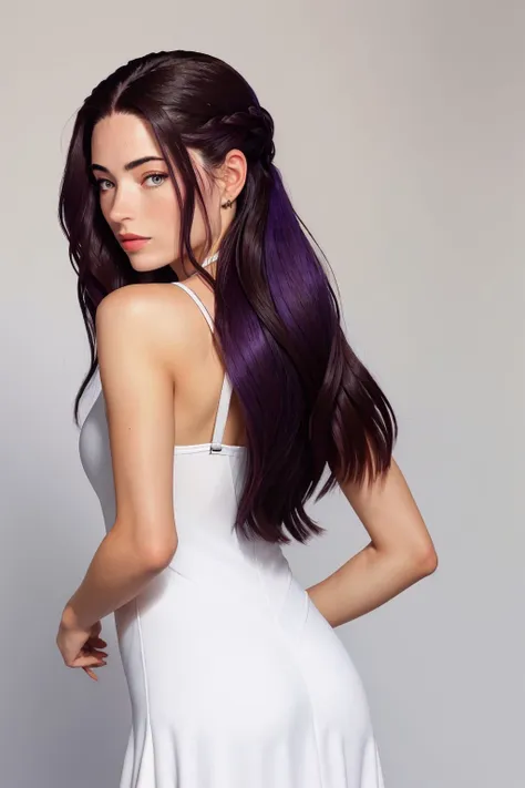 headshot photo of <lora:sd15_ReneeMurden_v1:.9> ReneeMurden, focus on face, from behind wearing a tennis dress <lora:tennis_dress-1.0:0.8> , her dark violet color hair is styled as Straight Sleek and Braided,