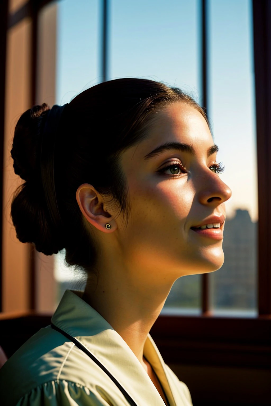 (renaissance style, historical, humanistic, detailed, chiaroscuro:1.15), (low angle, closeup on face:1.2) <lora:sd15_ReneeMurden_v1:.9> ReneeMurden, smiling, from behind,4:: she is wearing meiji schoolgirl uniform , her hair is styled as Curly Sock Bun, BREAK she is (sitting in a comfy chair at the library:1.1), silhouetted against the bright sky, underexposed,Velvia 100 ,shot on Fujifilm X-T4 ,Voigtlnder Nokton 50mm f1.1 ,