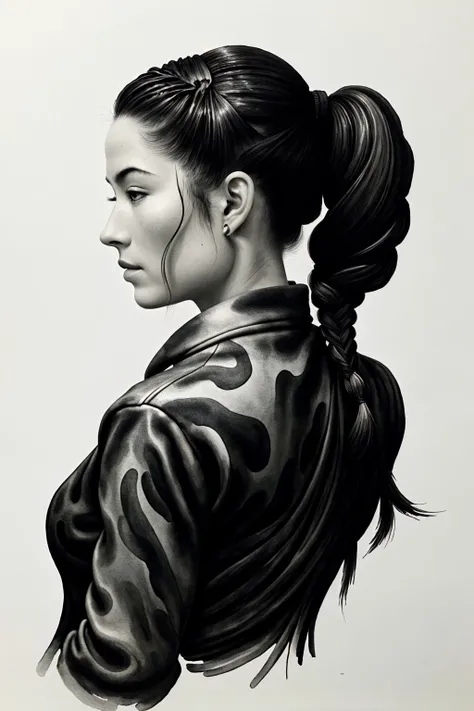 (ink wash painting, monochrome, fluid, Asian art, detailed:1.15), close range <lora:sd15_ReneeMurden_v1:.9> ReneeMurden, focus on face, from behind wearing camo , her hair is styled as Straight French Braid,