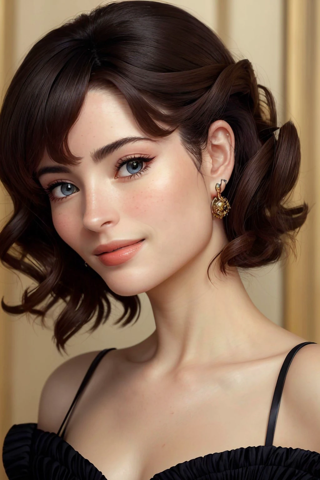 photo of <lora:sd15_ReneeMurden_v1:.9> ReneeMurden, focus on eyes, close up on face, grinning, wearing jewelry, hair styled curly bangs hair,