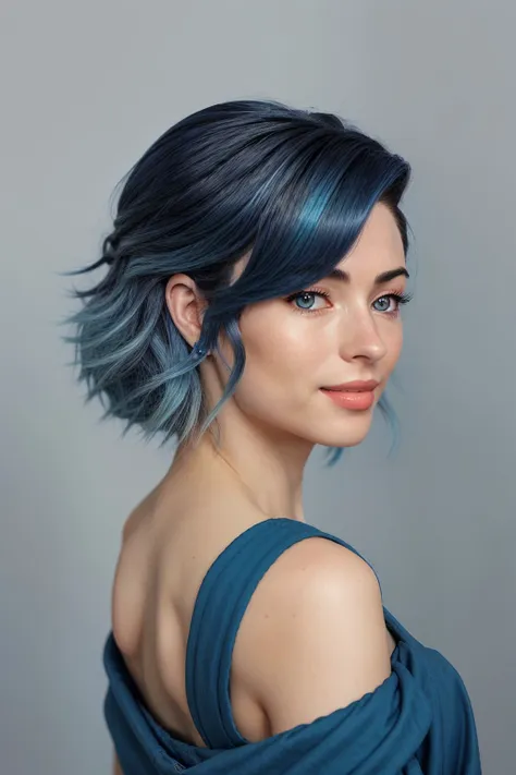 half-body photo of <lora:sd15_ReneeMurden_v1:.9> ReneeMurden, focus on smiling face, from behind wearing conservative clothing , her Glacier Blue hair is styled as wavy lob,