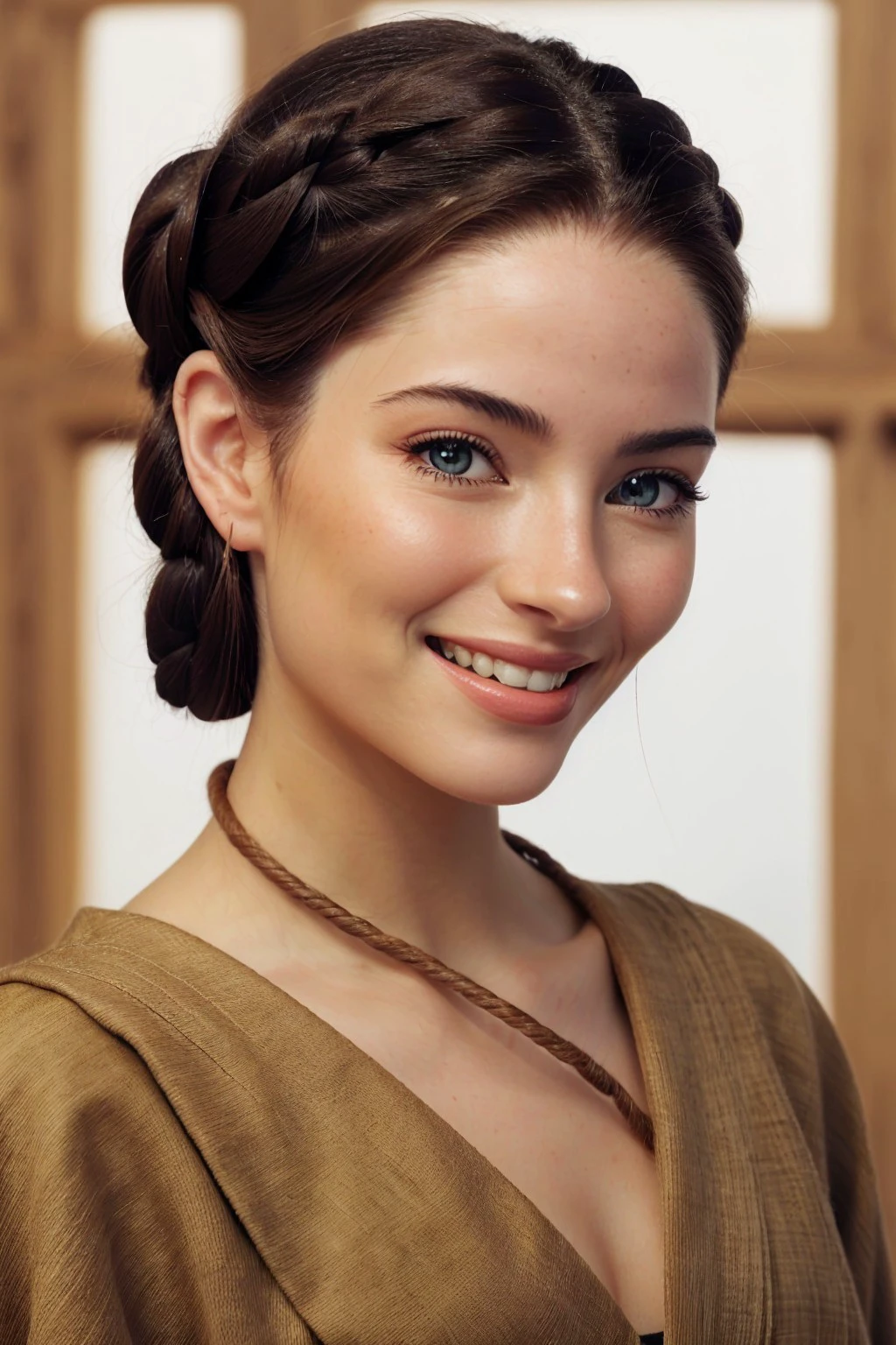 photo of <lora:sd15_ReneeMurden_v1:.9> ReneeMurden, focus on eyes, close up on face, huge smile, hair styled rope braid rolled bun, ND filter