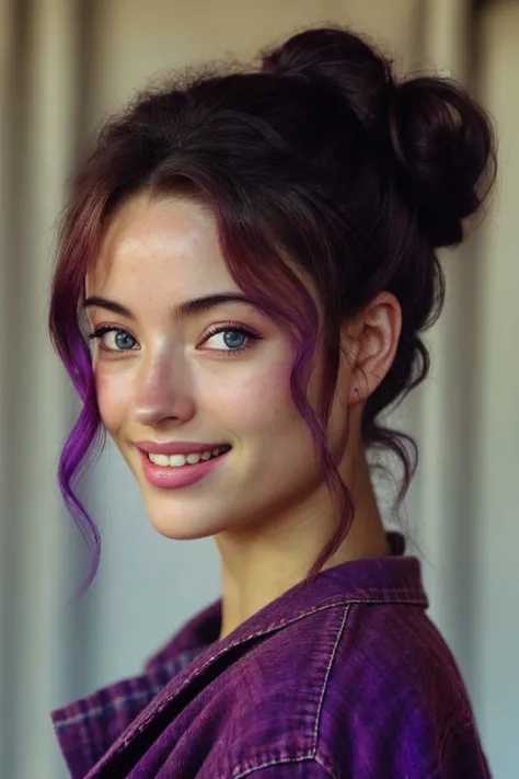 photo of <lora:sd15_ReneeMurden_v1:.9> ReneeMurden, focus on eyes, close up on face, smiling, purple pizzazz color hair styled Curly Side Bun, desaturated grunge filter