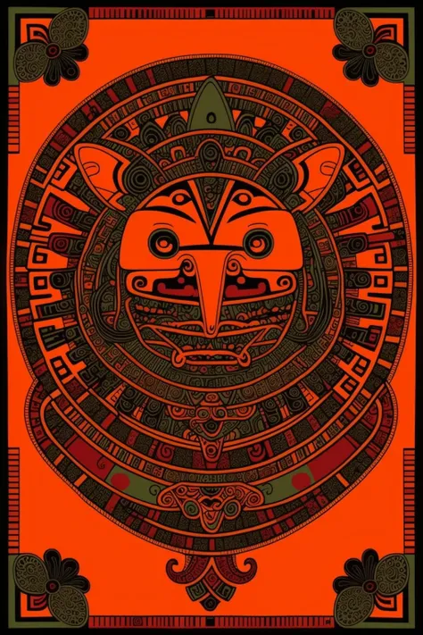 aztec art, a colorful ornamental design with a face on it's face and a black background with salmon, tenn-(tawny), and olive colors, Altichiero, dmt, poster art, psychedelic art , Mesoamerican ,