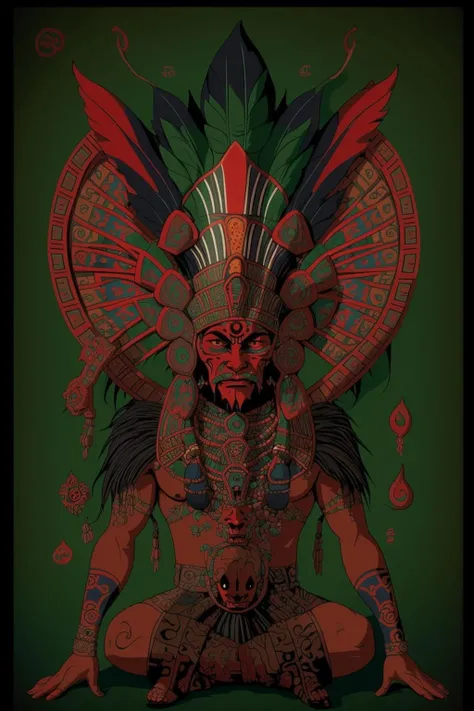 a colorful ornamental design with a demon face on it's face and a black background with red, blue, and green colors, Altichiero, dmt, poster art, psychedelic art , a woman in a costume holding a spear and a staff , solo, long hair, open mouth, black hair, 1boy, jewelry, flower, male focus, teeth, dark skin, tree, tattoo, bird, leaf, abs, dark-skinned male, helmet, grass, feathers, staff, nature, beard, magic, a cartoon character sitting on a chair with a helmet on , Mesoamerican ,