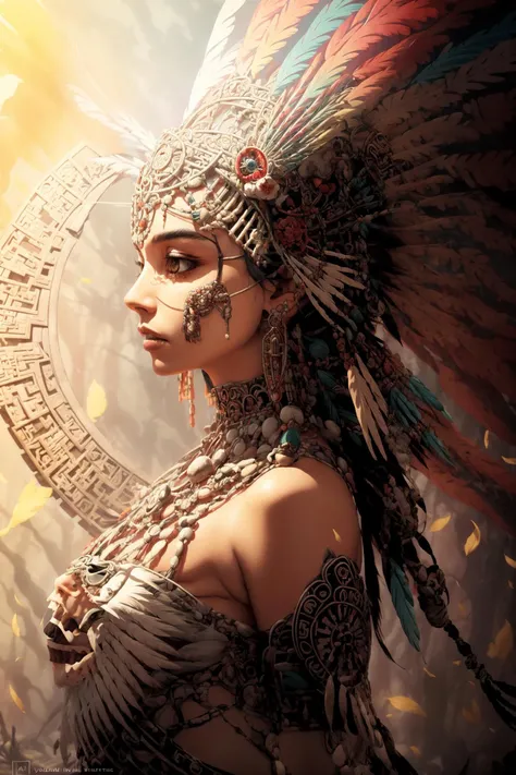 (masterpiece), (extremely intricate:1.3), professional photograph of a stunning woman detailed, sharp focus, dramatic, award winning, cinematic lighting, octane render, unreal engine, volumetrics dtx, (film grain), a woman, <lora:Aztec_Style:1>, aztec art , Altichiero, dmt, poster art, psychedelic art ,a skull with a headdress and feathers, jewelry, necklace, feathers, side view, poster, Gorgeous royal pattern, gorgeous costume, (fractal art:1.2), beautiful andaesthetic, elegant, a brutalist designed, colorful palette, <lora:add_brightness:0.8>, <lora:add_detail:1>