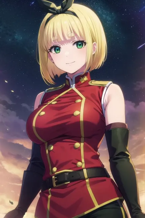 shushusuruga, <lora:shushu suruga s1-lora-nochekaiser:1>,
shushu suruga, short hair, bangs, hair ribbon, hairband, blunt bangs, thick eyebrows, (green eyes:1.3), yellow hair, smile,
BREAK gloves, shorts, elbow gloves, belt, buttons, military uniform, military, bare shoulders, black military uniform,
BREAK outdoors, space, starry sky, star \(sky\), moon,
BREAK looking at viewer, (cowboy shot:1.5),
BREAK <lyco:GoodHands-beta2:1>, (masterpiece:1.2), best quality, high resolution, unity 8k wallpaper, (illustration:0.8), (beautiful detailed eyes:1.6), extremely detailed face, perfect lighting, extremely detailed CG, (perfect hands, perfect anatomy),
