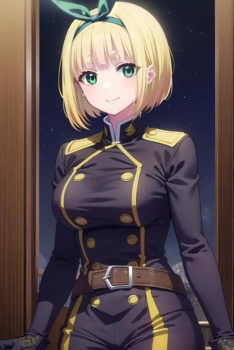shushusuruga, <lora:shushu suruga s1-lora-nochekaiser:1>,
shushu suruga, short hair, bangs, hair ribbon, hairband, blunt bangs, thick eyebrows, (green eyes:1.3), yellow hair, smile,
BREAK gloves, shorts, elbow gloves, belt, buttons, military uniform, military, bare shoulders, black military uniform,
BREAK outdoors, space, starry sky, star \(sky\), moon,
BREAK looking at viewer, (cowboy shot:1.5),
BREAK <lyco:GoodHands-beta2:1>, (masterpiece:1.2), best quality, high resolution, unity 8k wallpaper, (illustration:0.8), (beautiful detailed eyes:1.6), extremely detailed face, perfect lighting, extremely detailed CG, (perfect hands, perfect anatomy),