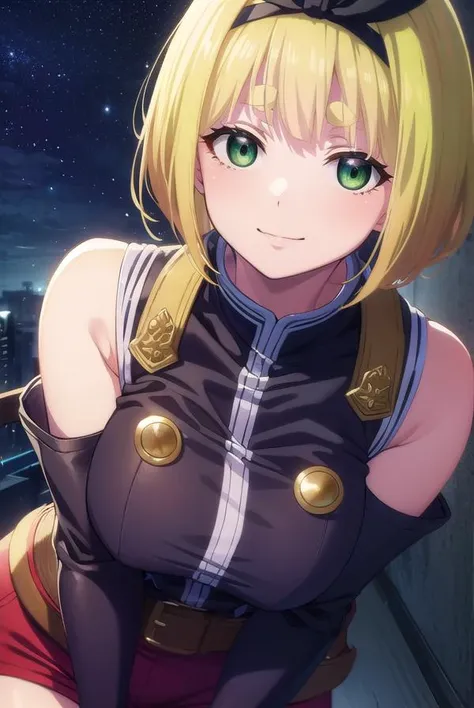 shushusuruga, <lora:shushu suruga s1-lora-nochekaiser:1>,
shushu suruga, short hair, bangs, hair ribbon, hairband, blunt bangs, thick eyebrows, (green eyes:1.3), yellow hair, smile,
BREAK gloves, shorts, elbow gloves, belt, buttons, military uniform, military, bare shoulders, black military uniform,
BREAK outdoors, space, starry sky, star \(sky\), moon,
BREAK looking at viewer, (cowboy shot:1.5),
BREAK <lyco:GoodHands-beta2:1>, (masterpiece:1.2), best quality, high resolution, unity 8k wallpaper, (illustration:0.8), (beautiful detailed eyes:1.6), extremely detailed face, perfect lighting, extremely detailed CG, (perfect hands, perfect anatomy),