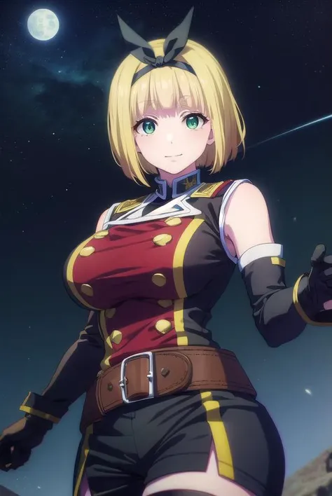shushusuruga, <lora:shushu suruga s1-lora-nochekaiser:1>,
shushu suruga, short hair, bangs, hair ribbon, hairband, blunt bangs, thick eyebrows, (green eyes:1.3), yellow hair, smile,
BREAK gloves, shorts, elbow gloves, belt, buttons, military uniform, military, bare shoulders, black military uniform,
BREAK outdoors, space, starry sky, star \(sky\), moon,
BREAK looking at viewer, (cowboy shot:1.5),
BREAK <lyco:GoodHands-beta2:1>, (masterpiece:1.2), best quality, high resolution, unity 8k wallpaper, (illustration:0.8), (beautiful detailed eyes:1.6), extremely detailed face, perfect lighting, extremely detailed CG, (perfect hands, perfect anatomy),