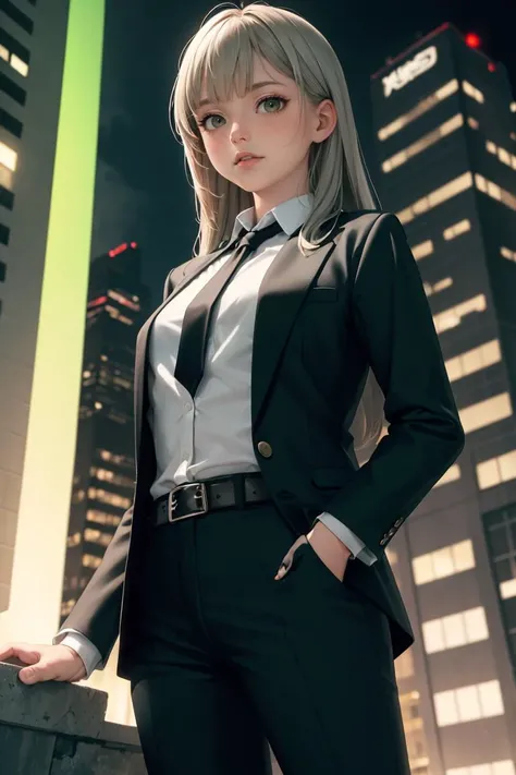 (masterpiece, best quality),(((from below, depth of field, dutch angle, green lighting))), floating hair, 1girl, solo, formal, hand in pocket, suit, black gloves, building, looking at viewer, black necktie, fingerless gloves, white shirt, city, outdoors, black jacket, belt, black pants, collared shirt, brown eyes, standing, long sleeves, grey hair, cityscape, open jacket, cowboy shot, skyscraper, black suit, night, pant suit, very long hair