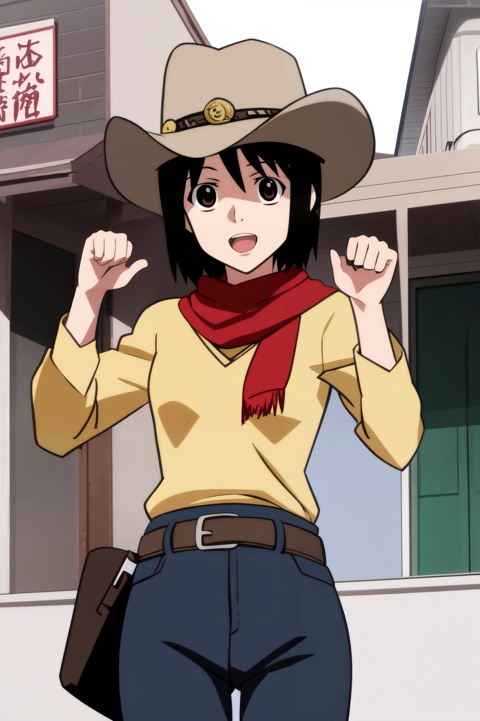 <lora:nhk_misaki_lora_0:0.8>, <lora:v10:0.5>, masterpiece, nakahara misaki, 1girl, solo, short hair, black hair, brown eyes, black eyes, beautiful eyes, open mouth, smile, :o, looking at viewer, yamcha pose \(meme\), <lora:cowgirl_outfit_v0.1a:0.8>, cowgirl outfit, (cowboy hat:1.2), fringe trim, sheriff badge, holster, bandana,