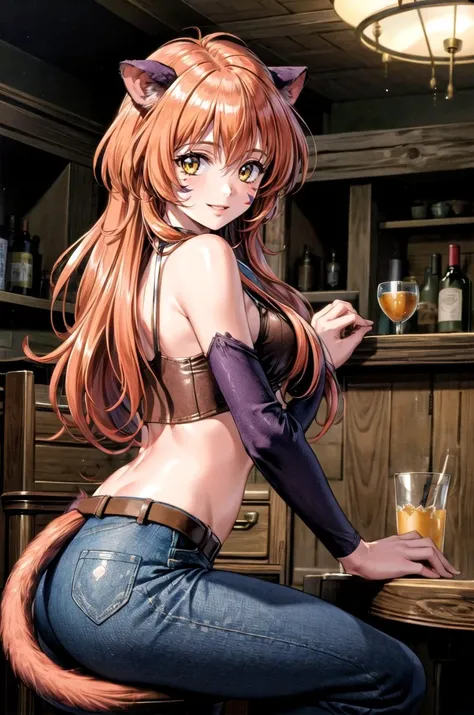 (masterpiece, best quality, detailed), 1girl, solo, looking at viewer, <lora:ninawort:0.6>, ninawort, tail, facial mark, 1990s \(style\), <lora:cowgirl_outfit_v0.1a:1>, cowgirl outfit, cowboy hat, fringe trim, midriff, indoors, alcohol, bar \(place\), counter, table, stool, chandelier, sitting, from side, smile, parted lips