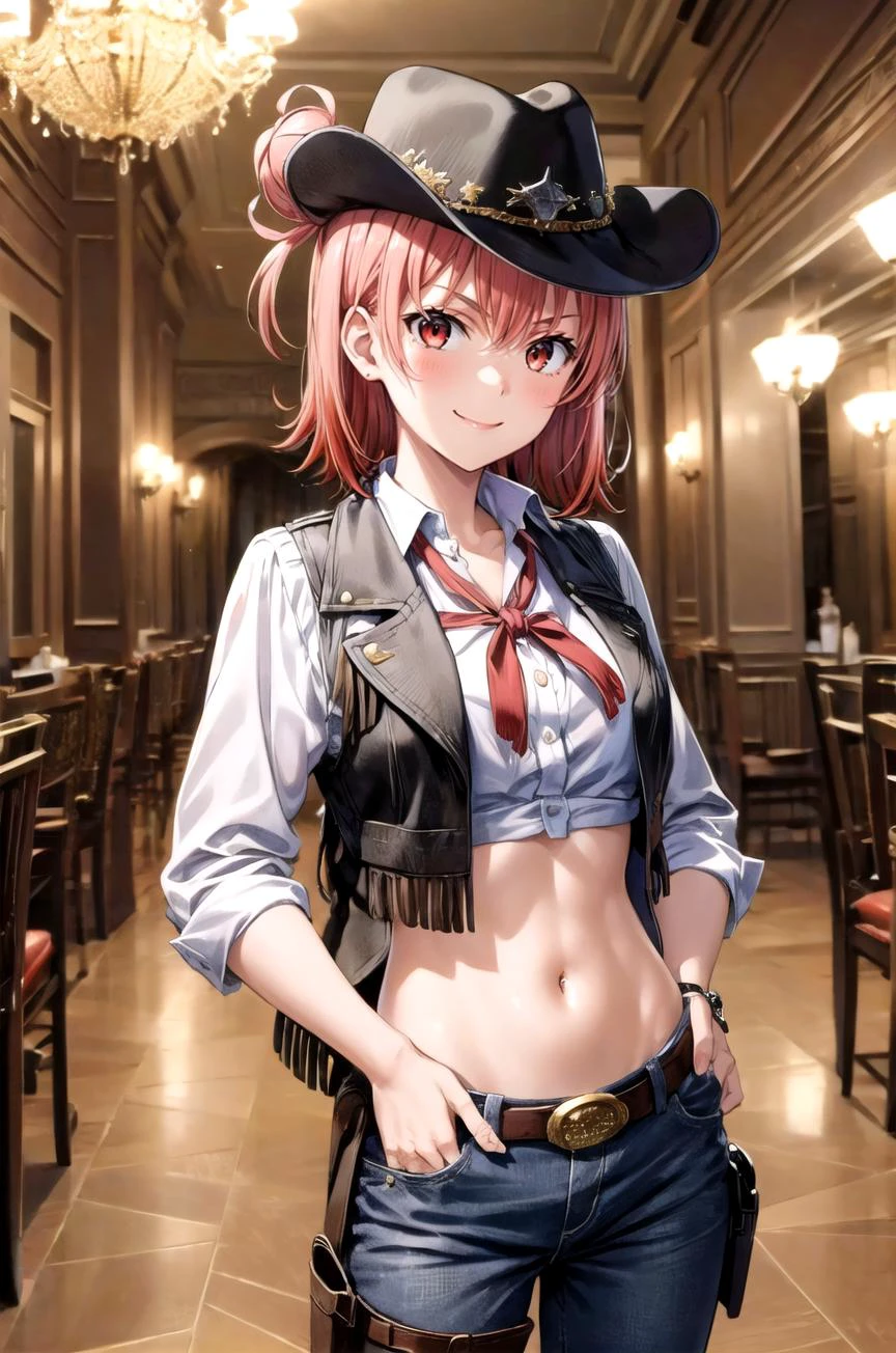 (masterpiece, best quality, detailed), 1girl, solo, looking at viewer, aayui, short hair, single hair bun, red eyes, breasts,
<lora:cowgirl_outfit_v0.1a:1.05>, (cowgirl outfit, cowboy hat), fringe trim, midriff, holster, indoors, casino, chandelier, roulette, money, hands in pockets, smile, closed mouth, smug