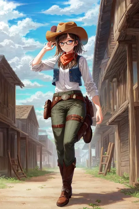 ((best quality)), ((highly detailed)), masterpiece, (detailed eyes, deep eyes), (1girl), (glasses), Forced Perspective, cowboy shot, <lora:cowgirl_outfit_v0.1a:1>, cowgirl outfit, cowboy hat, cowboy boots, fringe trim, vest, holster, bandana, <lora:hairdetailer:.8>, (mouse girl), mouse ears, mouse tail, outside, in a old west town